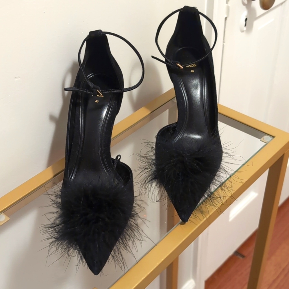 ZARA Feather Trim Leather Heels
